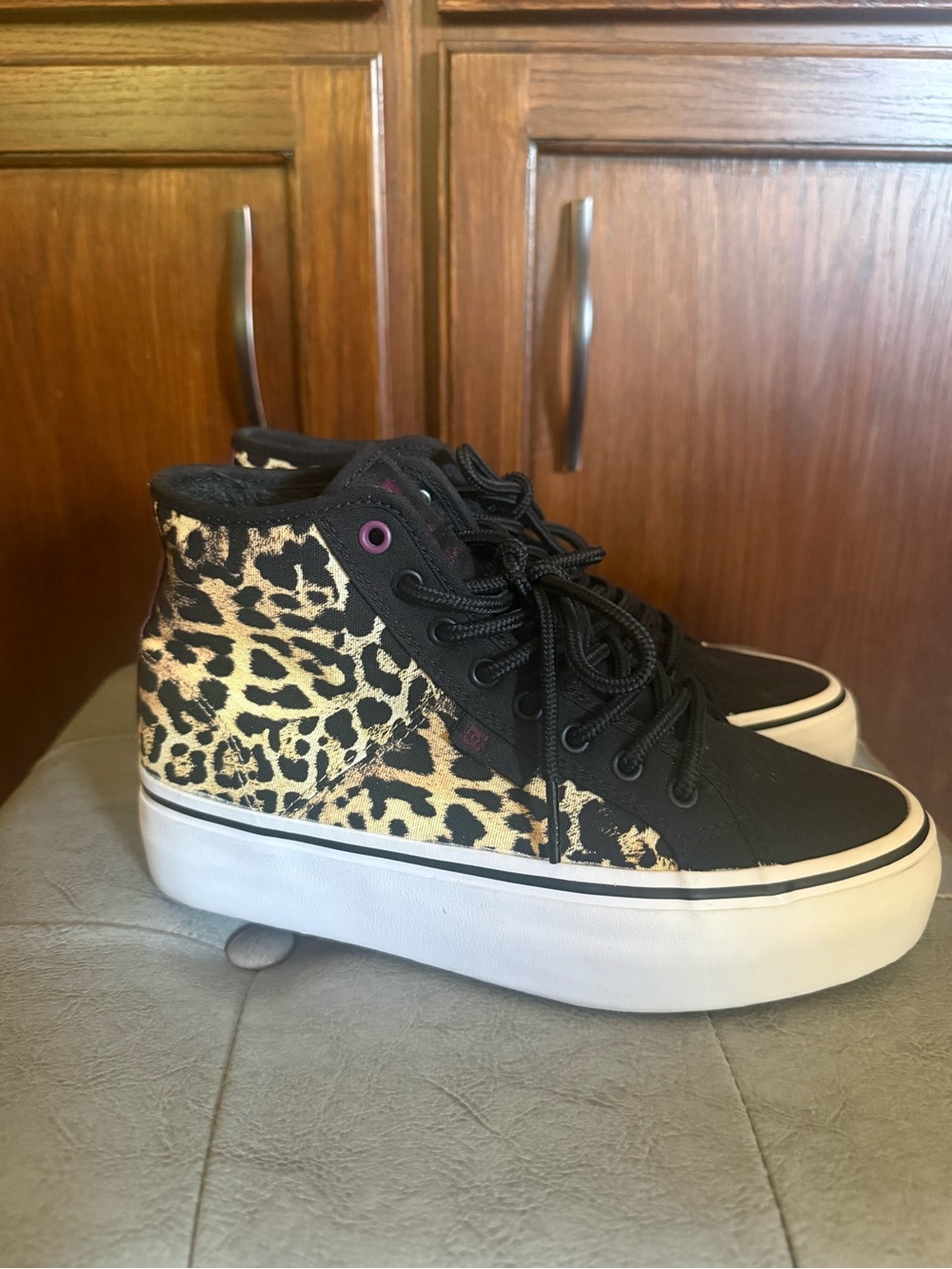 Womens DC Black and Leopard High-Top Fashion Sneakers